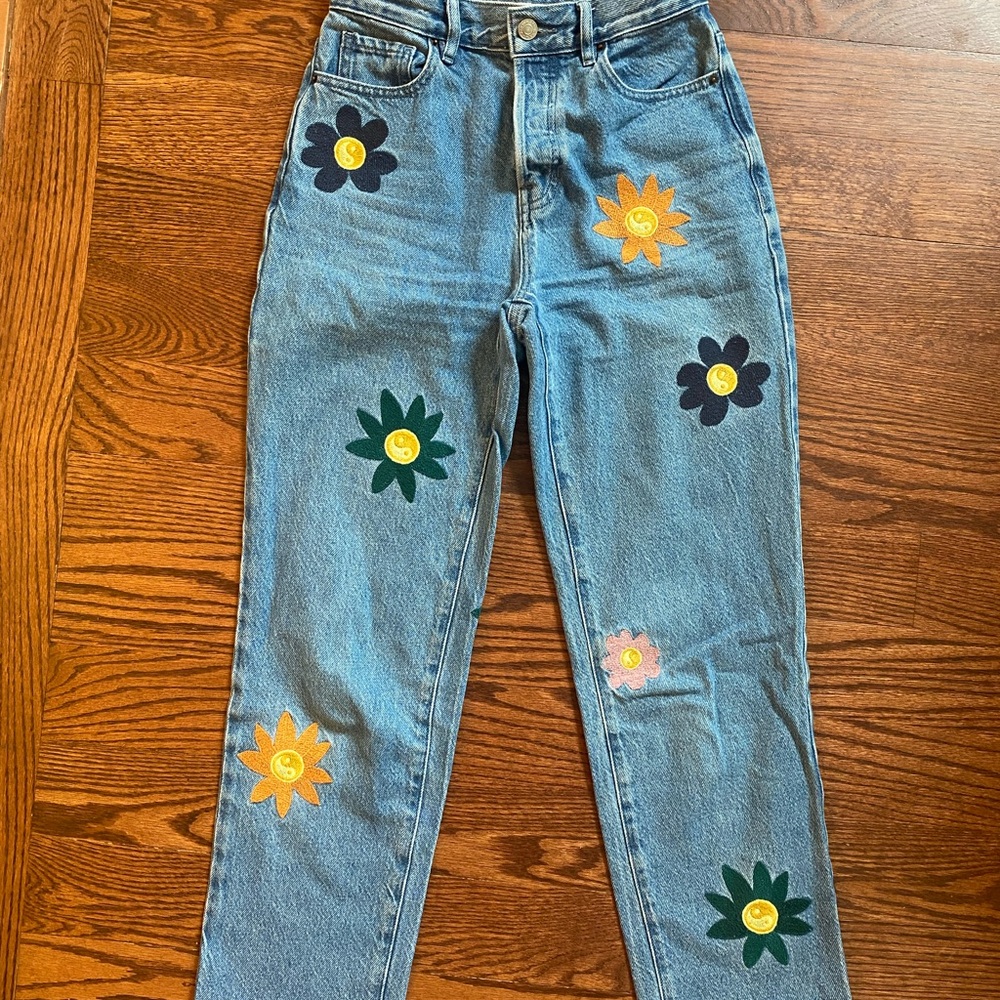 PacSun Blue Straight Leg Jeans with Floral Embroidery